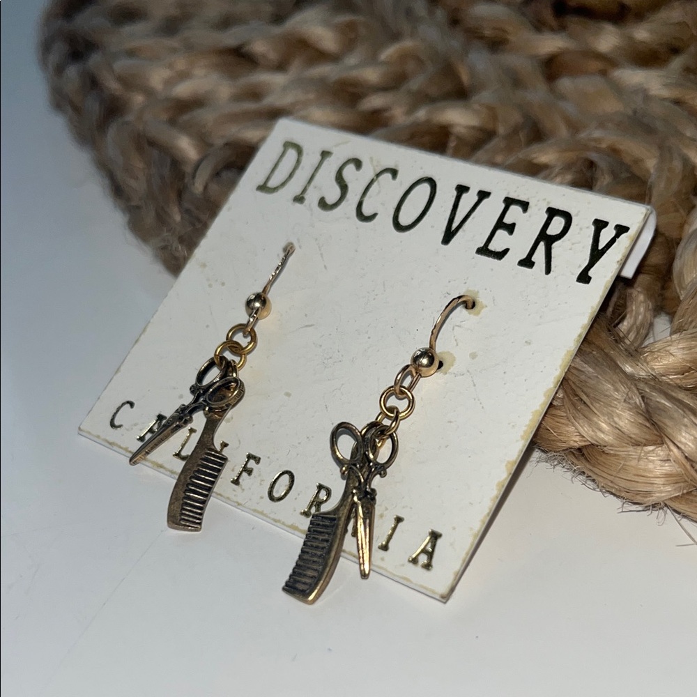Vintage 90’s Discovery California Gold-Toned Scissors and Comb Earrings, #hair